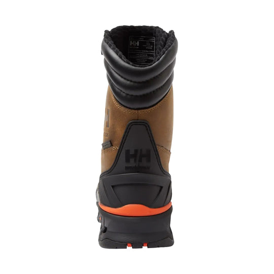 Tall brown and black insulated work boot with rugged sole, rear heel cup, and orange accent at the heel