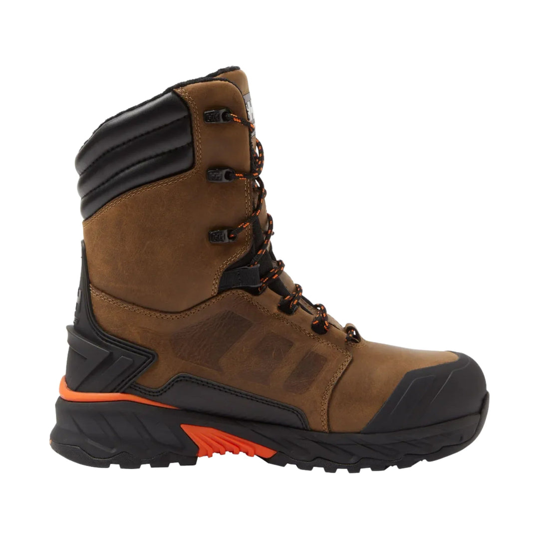 Brown and black tall lace-up work boot with orange outsole accent, shown in side profile