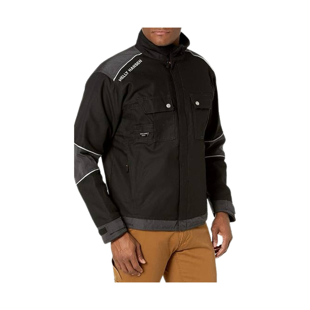 Black zip-front work jacket with gray shoulder panels, reflective piping, and chest pockets