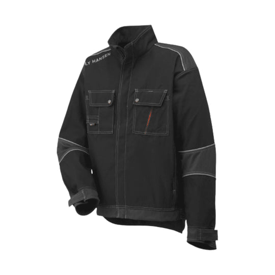 Black work jacket with a high collar, flap chest pockets, and reflective seam piping