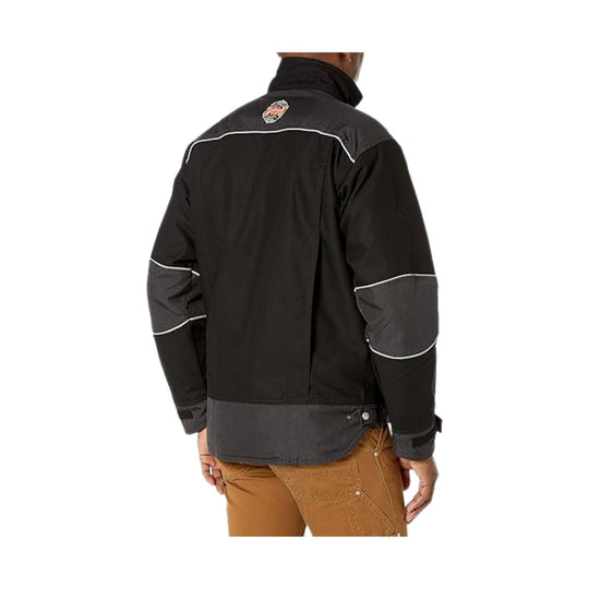 Black work jacket with gray shoulder and sleeve panels, white piping, and a standing collar, shown from the back