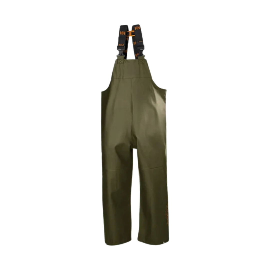 Olive waterproof bib overalls with black branded suspenders