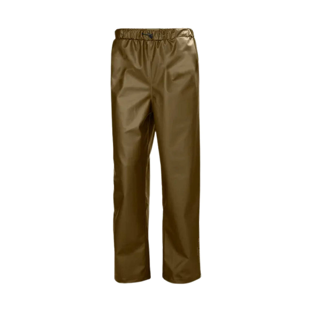 Olive waterproof rain pants with an elastic waistband and straight legs