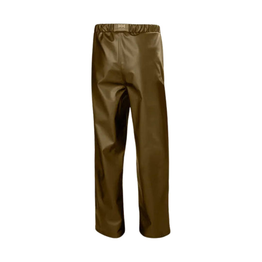 Brown rain pants with elastic waistband and straight legs, front view
