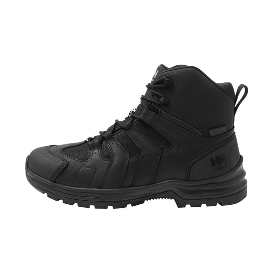 Black mid-height work boot with laces, rubber outsole, and side branding
