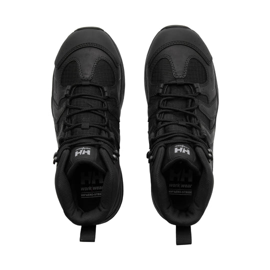 Pair of black mid-height hiking work boots with lug soles, black laces, and side pull tabs