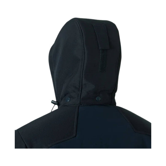 Black hooded jacket shown from the back, with seam-sealed hood and shoulder panels
