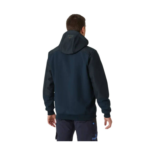 Dark navy hooded work jacket shown from the back