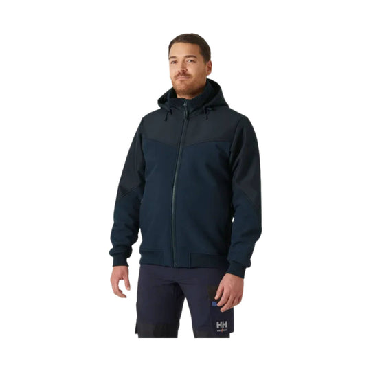Navy hooded zip-up jacket with contrast shoulder panels and black sleeves, shown on a model