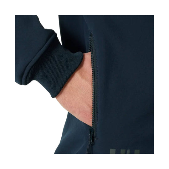 Navy softshell jacket sleeve and side zip pocket
