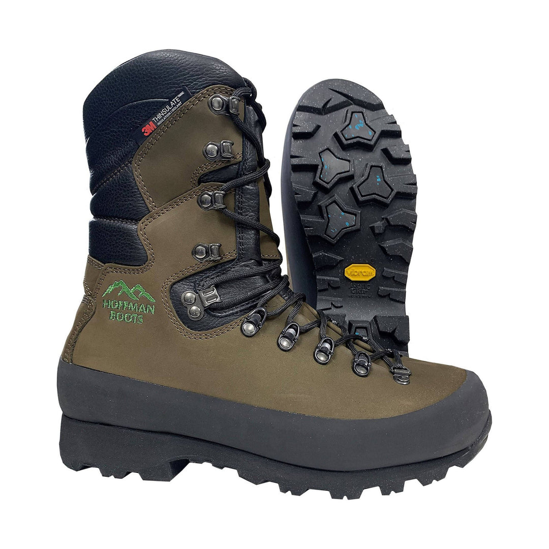 Brown and black insulated lace-up work boot shown with side and sole views
