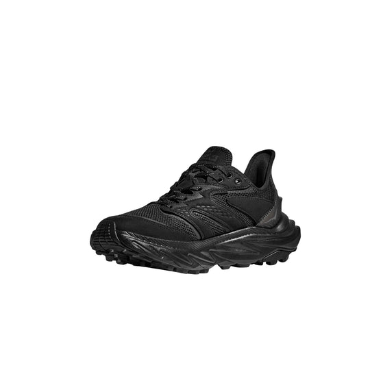 Black low-top hiking shoe with mesh upper, rugged tread, and thick cushioned sole