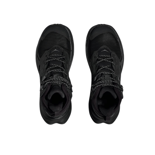 Pair of black mid-top hiking boots with mesh toe caps, laces, and padded collars, viewed from above