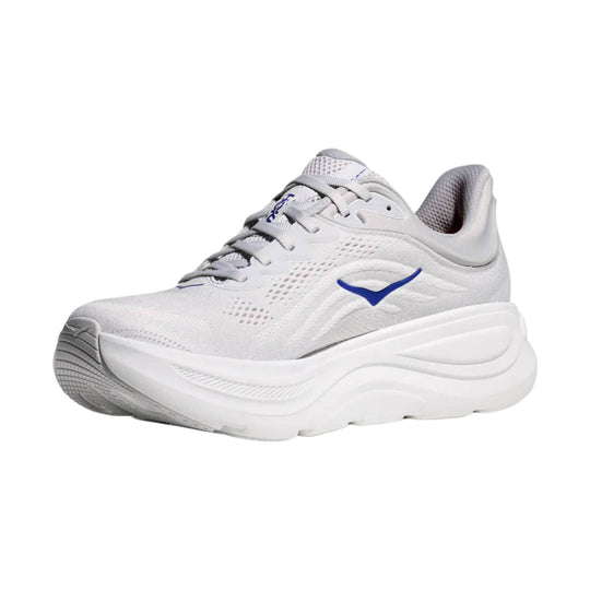 White running shoe with a thick cushioned sole and blue side logo, shown in side view