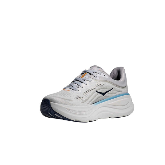White and gray running shoe with a thick cushioned sole and dark outsole