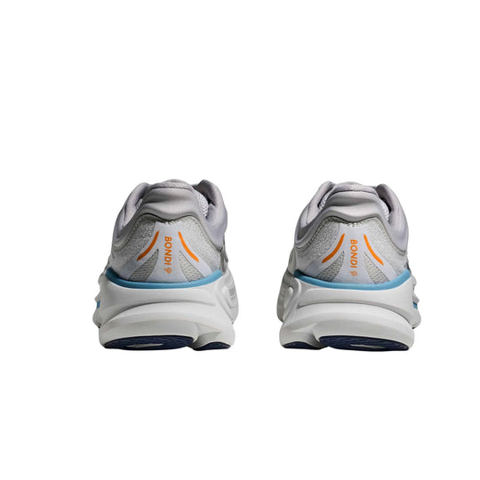 Rear view of a pair of gray running shoes with orange accents and blue trim