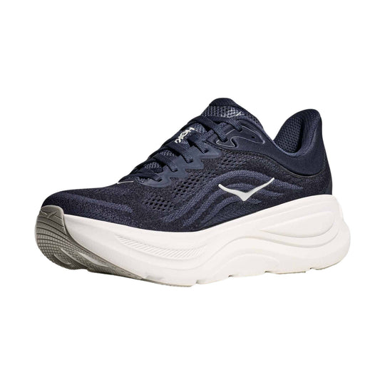 Dark navy running shoe with a thick white cushioned sole and lace-up upper