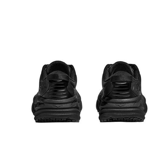Black athletic shoe pair shown from the back with cushioned collars and thick textured soles