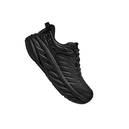 Black athletic sneaker with chunky sole and lace-up upper, shown in side view