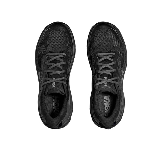 Black trail running shoe with a white midsole and blue accents, shown in side view