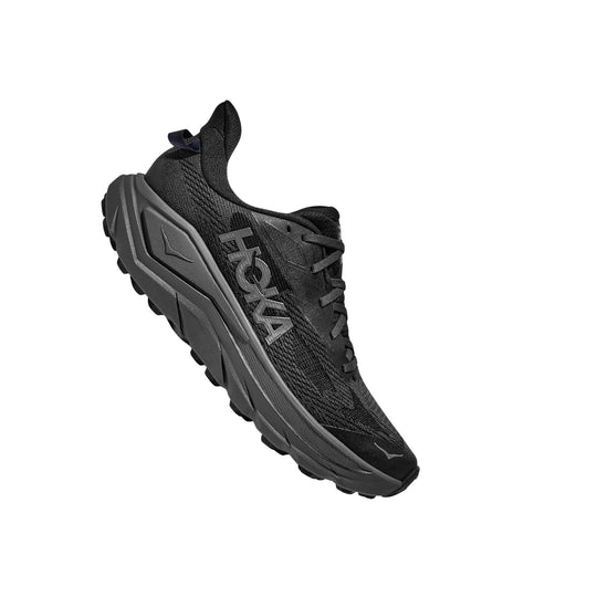 Black trail running shoe with gray sole and large side logo, shown in side profile