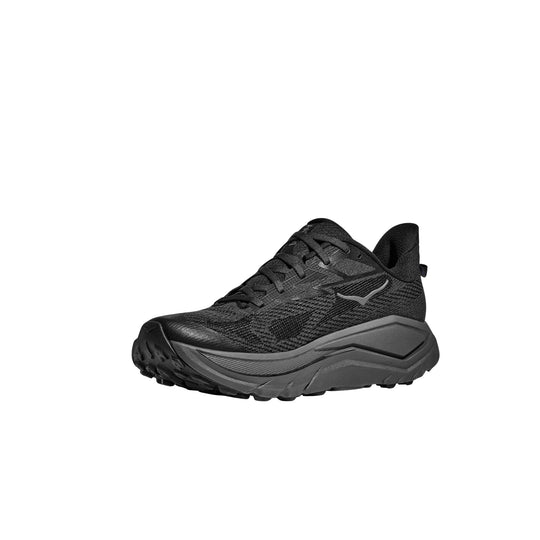 Black trail running shoe with gray sole and textured mesh upper, shown in side view