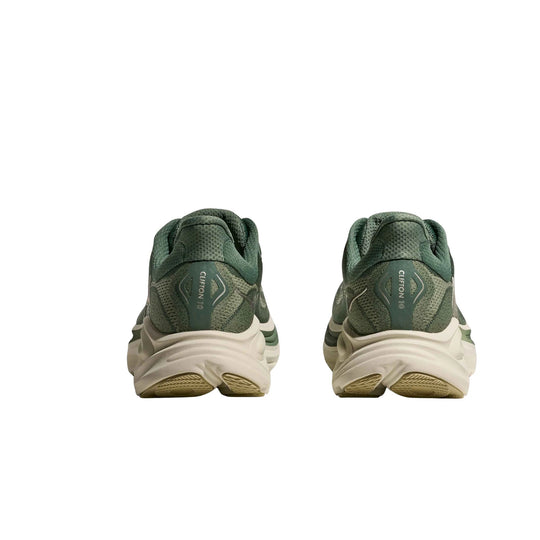 Pair of green and cream running shoes shown from the back, with CLIFTON 10 on the heel tabs