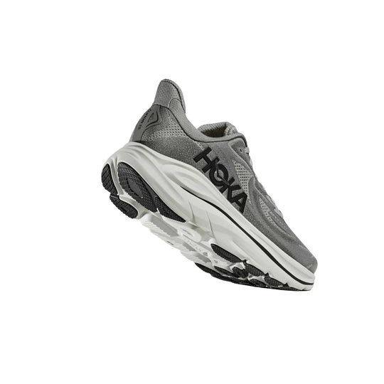 Gray running shoe with black logo, white cushioned midsole, and black tread outsole in side view