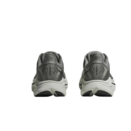 Gray running shoes shown from the back, with white chunky midsoles and visible "CLIFTON 10" text on the heel tabs.