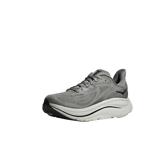Gray running shoe with a thick white cushioned sole and black outsole details