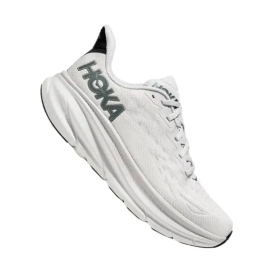 Light gray running shoe with a thick white cushioned sole and black accents