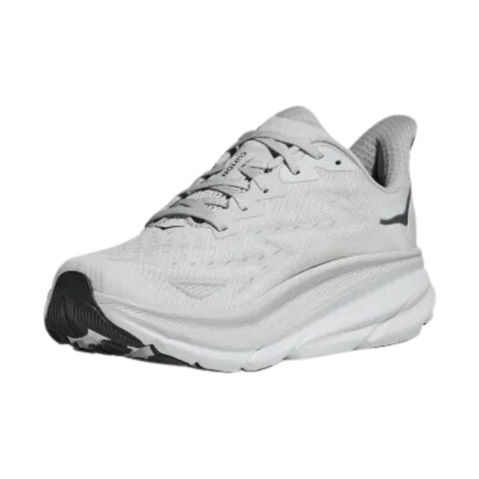 White running shoe with thick cushioned sole, black outsole accents, and HOKA branding on the tongue