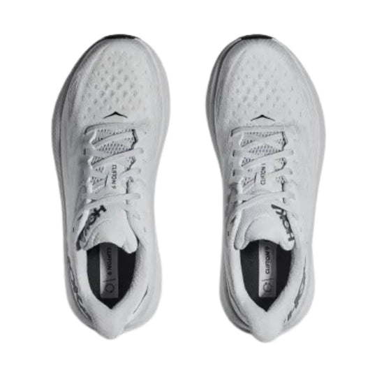 Pair of white running shoes with mesh uppers, white laces, and CLIFTON 9 text on the tongues