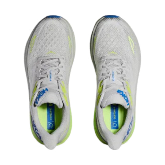 Light gray running shoes with blue and neon yellow accents, shown from above