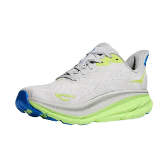 White running shoe with neon yellow and blue accents