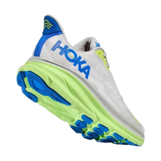 White running shoe with blue and neon green accents, shown in side view