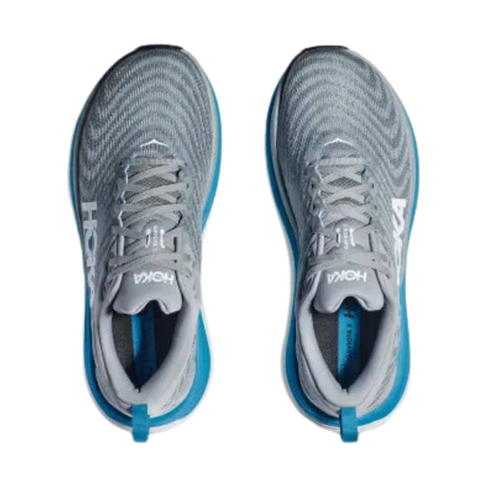 Pair of gray running shoes with blue midsoles, viewed from above