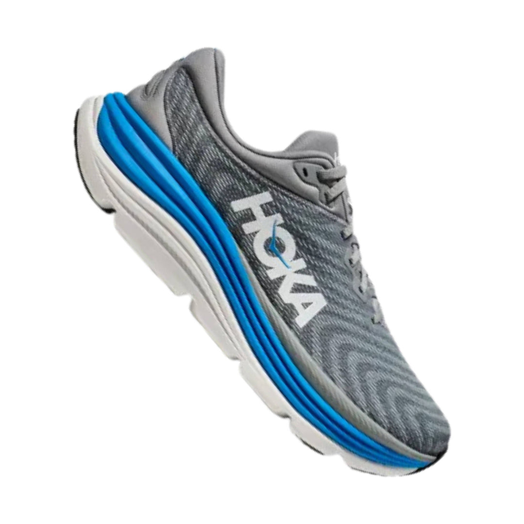 Gray running shoe with blue side stripes and white sole, shown in side view