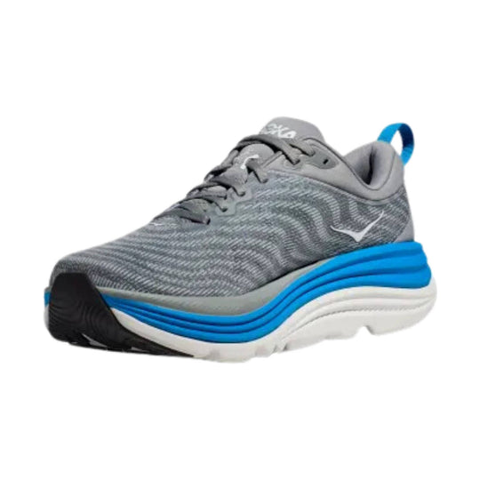 Gray running shoe with bright blue layered midsole and a pull tab