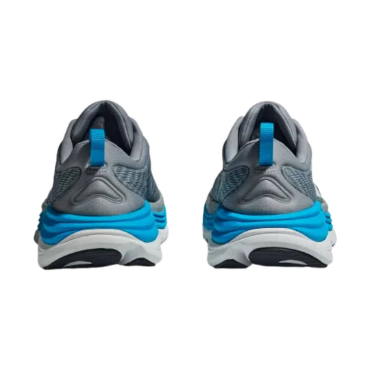 Gray running shoe shown from the heel with bright blue midsole accents and a blue pull tab