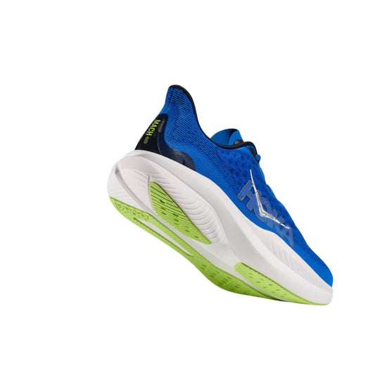 Blue running shoe with white midsole, lime green outsole accents, and side logo text
