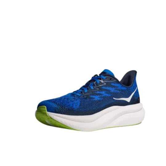 Blue running shoe with a white cushioned sole and green outsole, shown in side view