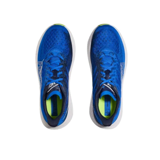 Blue running shoes with white midsoles and lime green insoles, shown from above