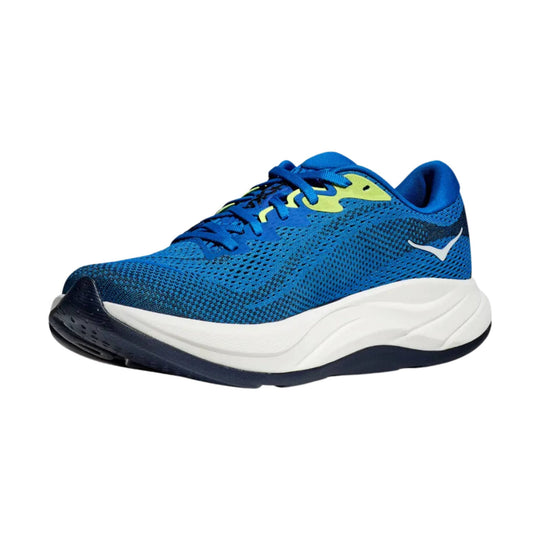 Blue and navy running shoe with white midsole and lime accents
