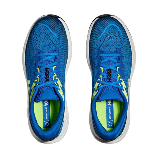 Blue running shoes with lime accents and HOKA branding, top view