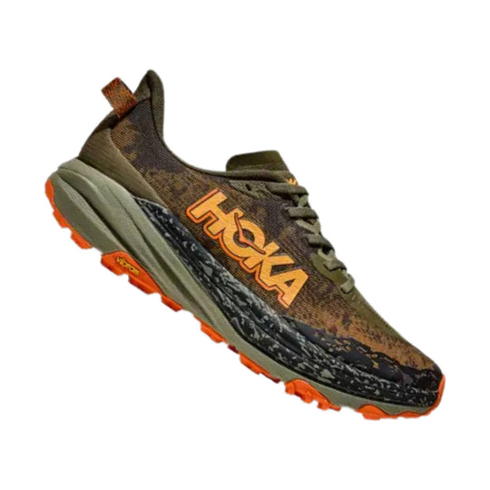 Olive and brown trail running shoe with orange outsole and large side logo