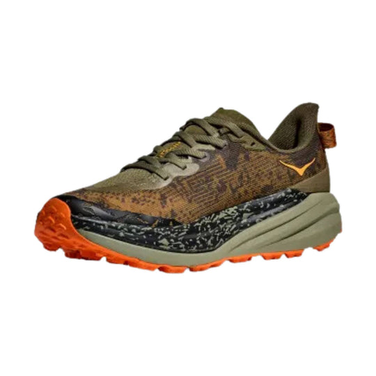 Olive and brown trail running shoe with orange outsole and lugs