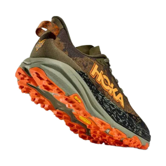 Olive and black trail running shoe with orange sole and large side branding