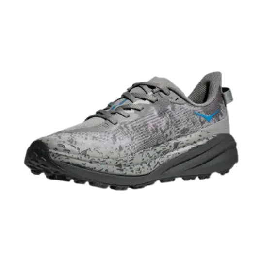 Gray trail running shoe with black sole and blue side logo