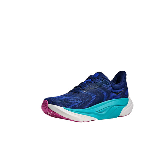 Blue running shoe with turquoise midsole, white heel, and magenta outsole